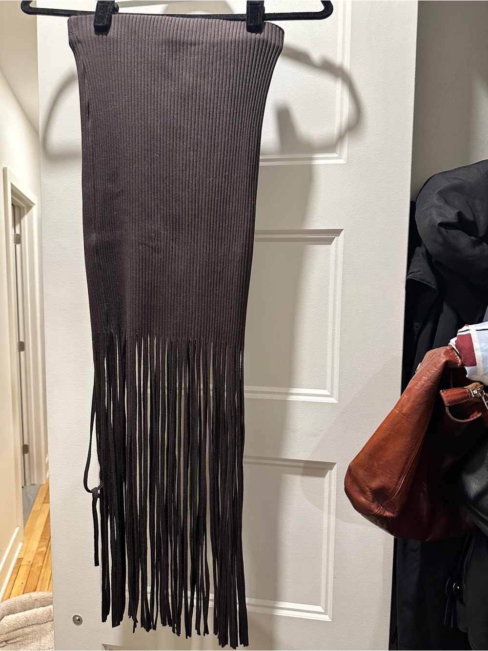 Zara Ribbed Knit Maxi Skirt in Dark Brown with Fringe
